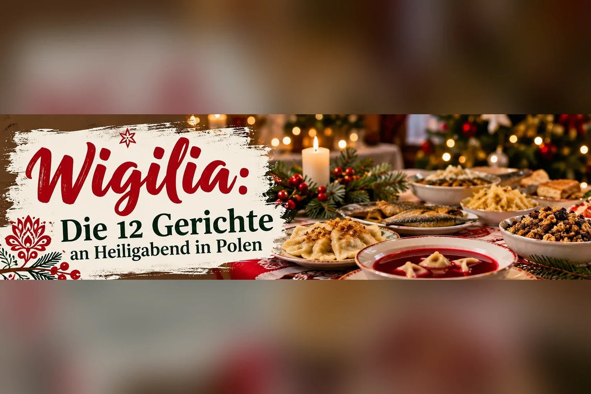 Polnisches Wigilia Weihnachtsessen mit zwölf traditionellen Gerichten an Heiligabend, Barszcz und Pierogi