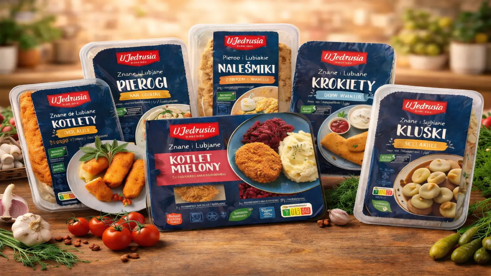 U Jędrusia Kategorie Bild mit polnischen Fertiggerichten wie Pierogi, Kotlet Mielony, Krokiety und Kluski im hochwertigen Supermarkt-Look