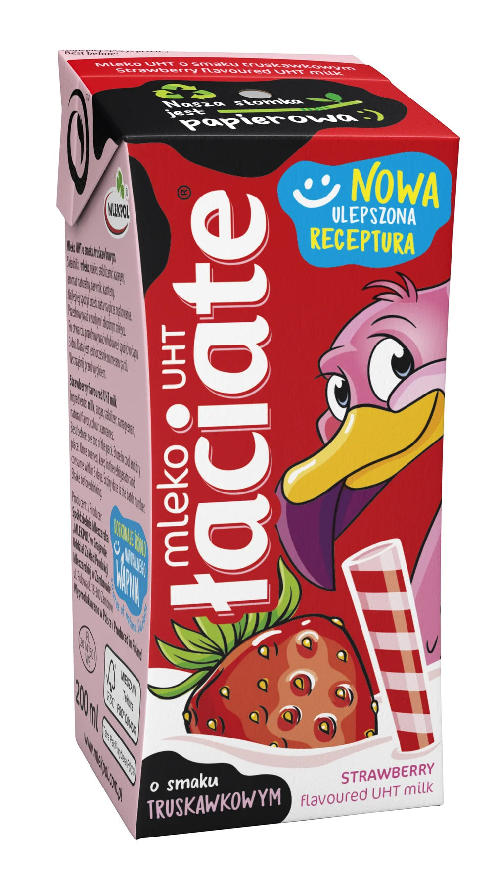Łaciate Mleko Truskawkowe UHT 200ml - Erdbeer-Milch von Mlekpol, roter Karton mit Papierstrohhalm