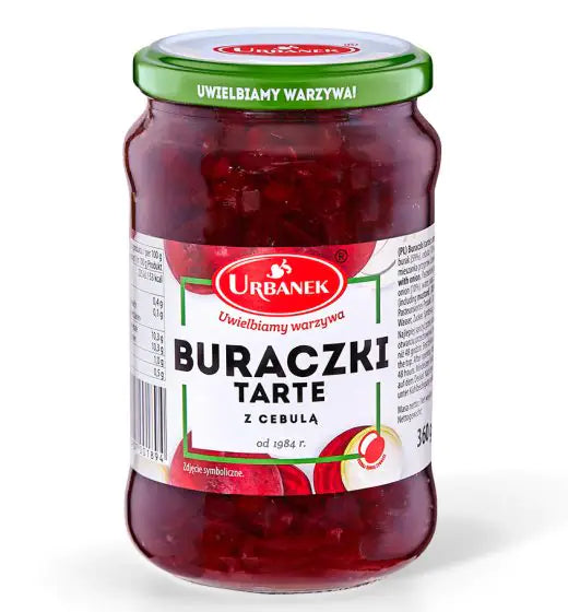 Urbanek Buraczki tarte z cebulą - Eingelegte Rote Bete mit Zwiebeln im Glas, 360g mit 64% Rote Bete und 11% Zwiebeln, servierfertig