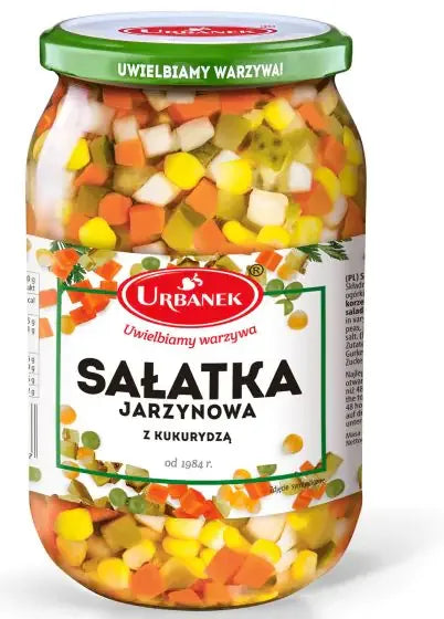 Urbanek Gemüsesalat mit Mais Sałatka Jarzynowa 860g Glas - polnischer Gemüsesalat mit Karotten Erbsen und Mais