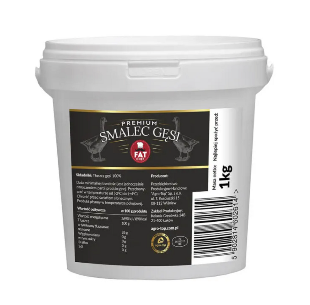 Agro-Top Premium Gänseschmalz Smalec Gęsi im weißen 1-kg-Eimer mit schwarz-goldenem Etikett