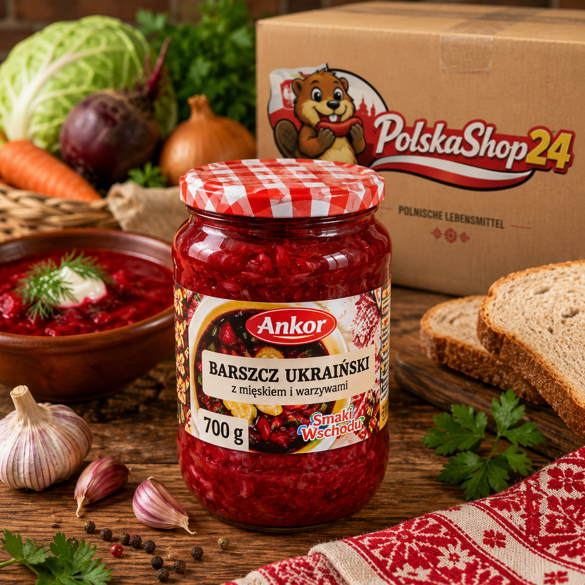 Ankor Barszcz Ukrainski 700 g, originale polnische Rote-Bete-Suppe mit Fleisch und Gemüse im Glas, traditionelle osteuropäische Spezialität für eine schnelle Mahlzeit