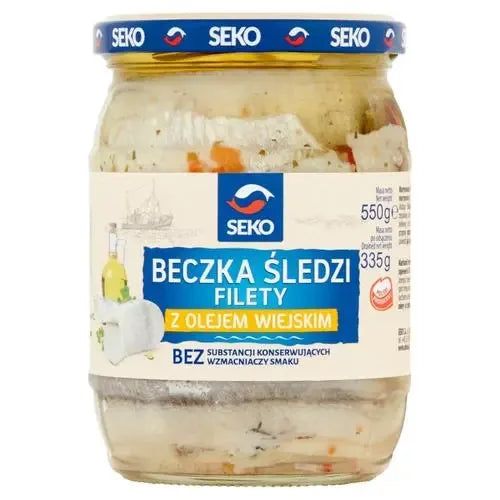 Beczka Sledzi w oleju wiejskim Heringsfilets in Öl 550g von Seko - atlantische Heringsfilets mit Zwiebeln in Rapsöl