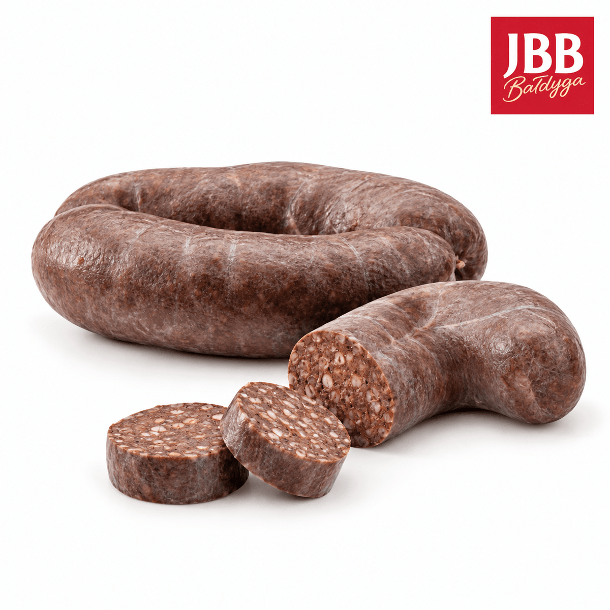 JBB Kaszanka gryczana – polnische Blutwurst mit Buchweizen, als ganze Wurst und angeschnitten