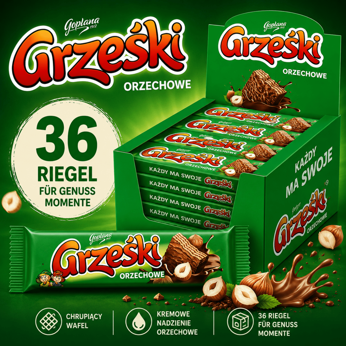 Grzeski Waffelriegel Haselnuss Orzechowe 36x48g - Goplana - Polskashop24