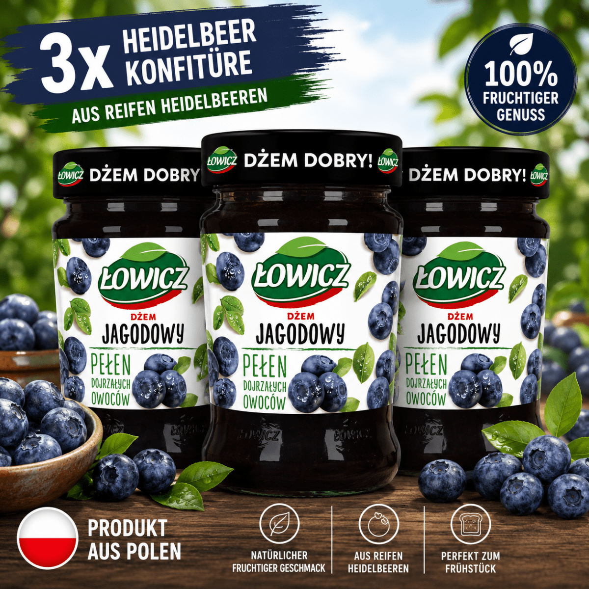 Heidelbeeren-Konfitüre Dżem Jagodowy 3x280g - Łowicz | 3er Bundle - Polskashop24