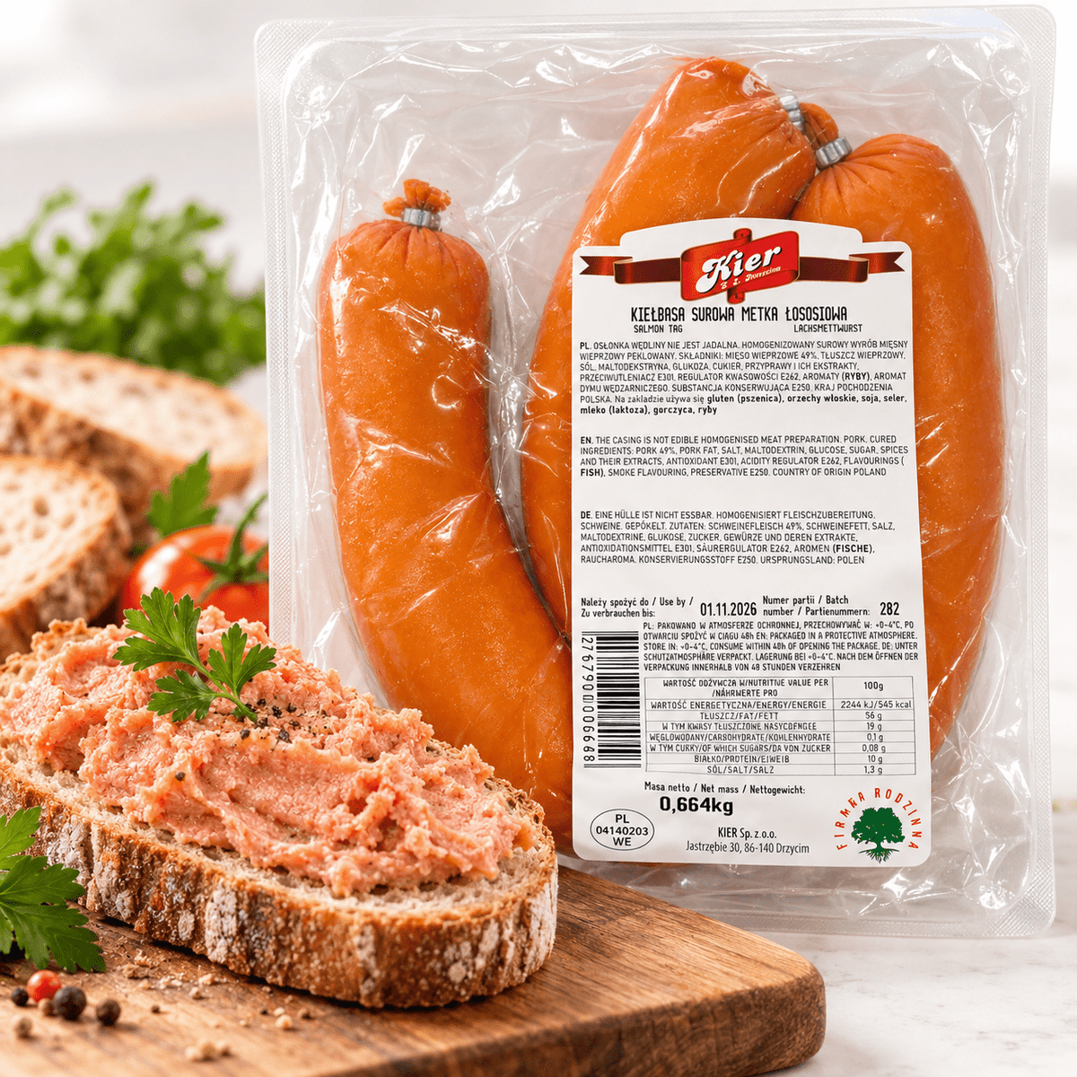 Kier Metka Łososiowa polnische rohe Teewurst mit Brotaufstrich und Originalverpackung