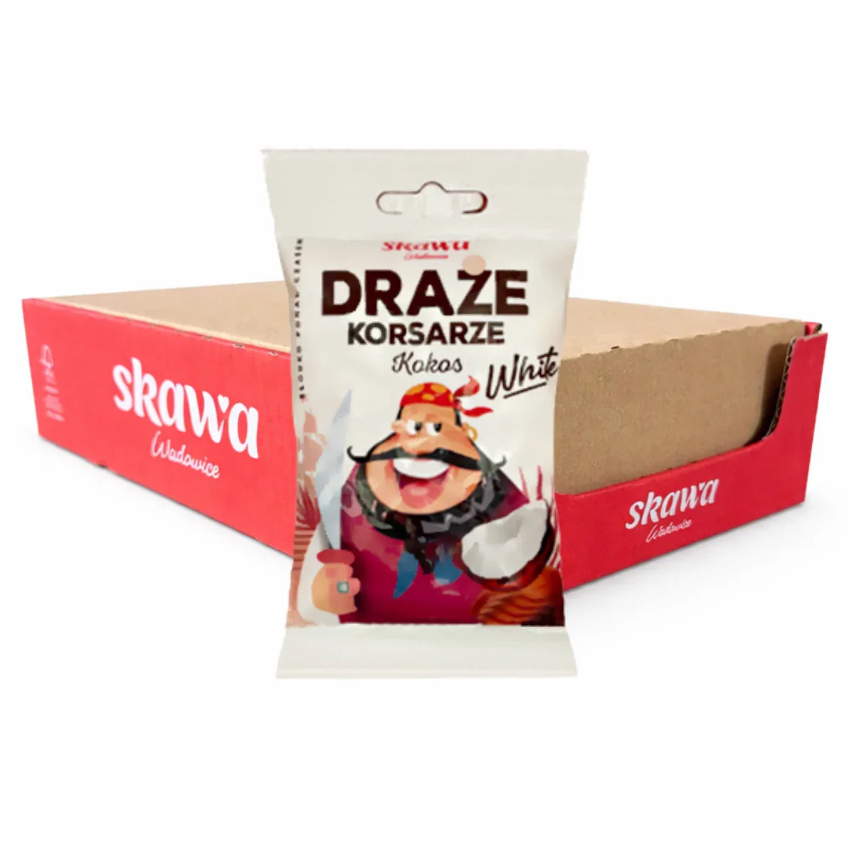 Kokos-Dragees White Draże Kokosowe Korsarze 70g im 20er Karton von Skawa - Polnische weiße Süßigkeiten mit Kokosraspeln
