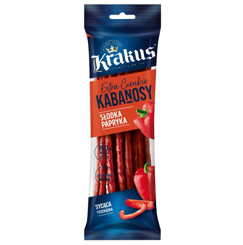 Krakus Extra cienkie kabanosy mit süßer Paprika 95g - polnische Trockenwurst Snack