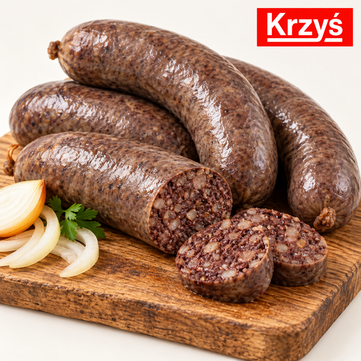 Krzyś Kaszanka – polnische Blutwurst mit Gerstengrütze auf einem Holzbrett mit aufgeschnittenen Scheiben und Zwiebeln.