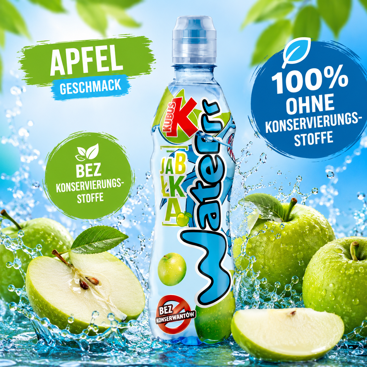 Kubus Waterrr Apfel Geschmack Getränk ohne Konservierungsstoffe mit grünen Äpfeln