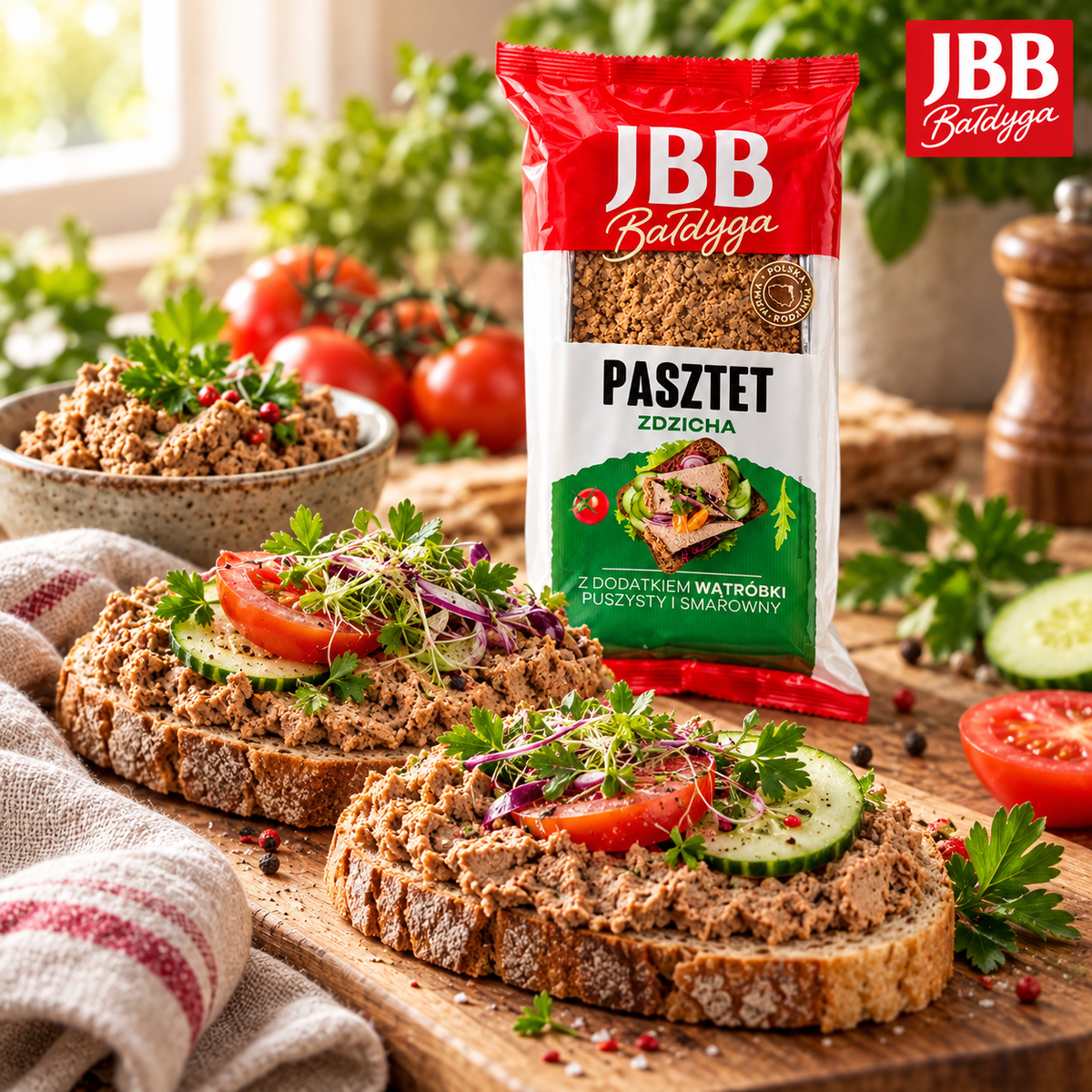 Polnische JBB Pasztet Zdzicha Pastete auf Brot mit Tomaten und Gurken zum Frühstück