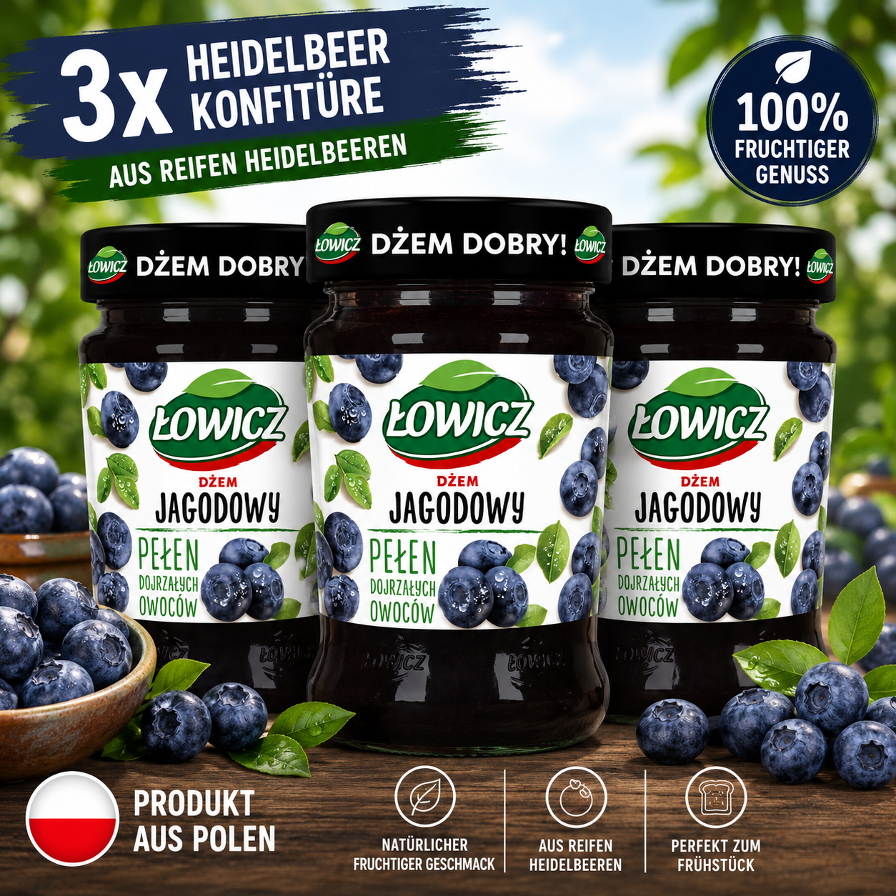 3er Bundle Łowicz Heidelbeer Konfitüre aus Polen mit reifen Heidelbeeren, fruchtiger Dżem Jagodowy für Frühstück und Gebäck
