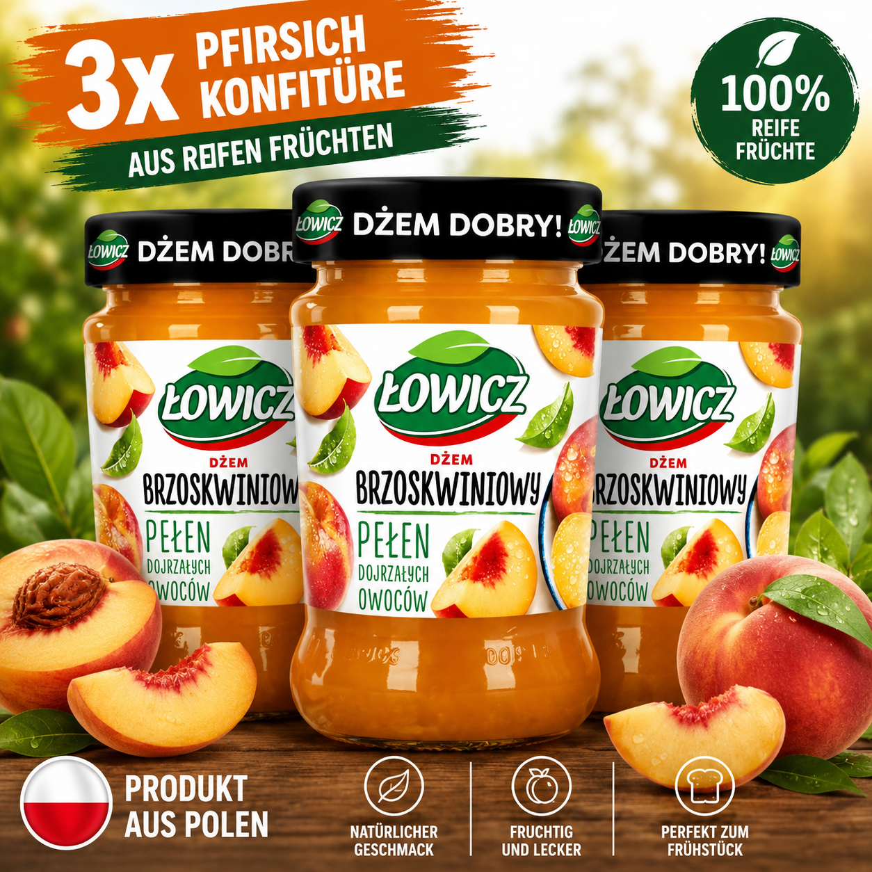 3er Bundle Łowicz Pfirsich Konfitüre aus Polen mit reifen Pfirsichen, fruchtiger Dżem Brzoskwiniowy für Frühstück und Gebäck