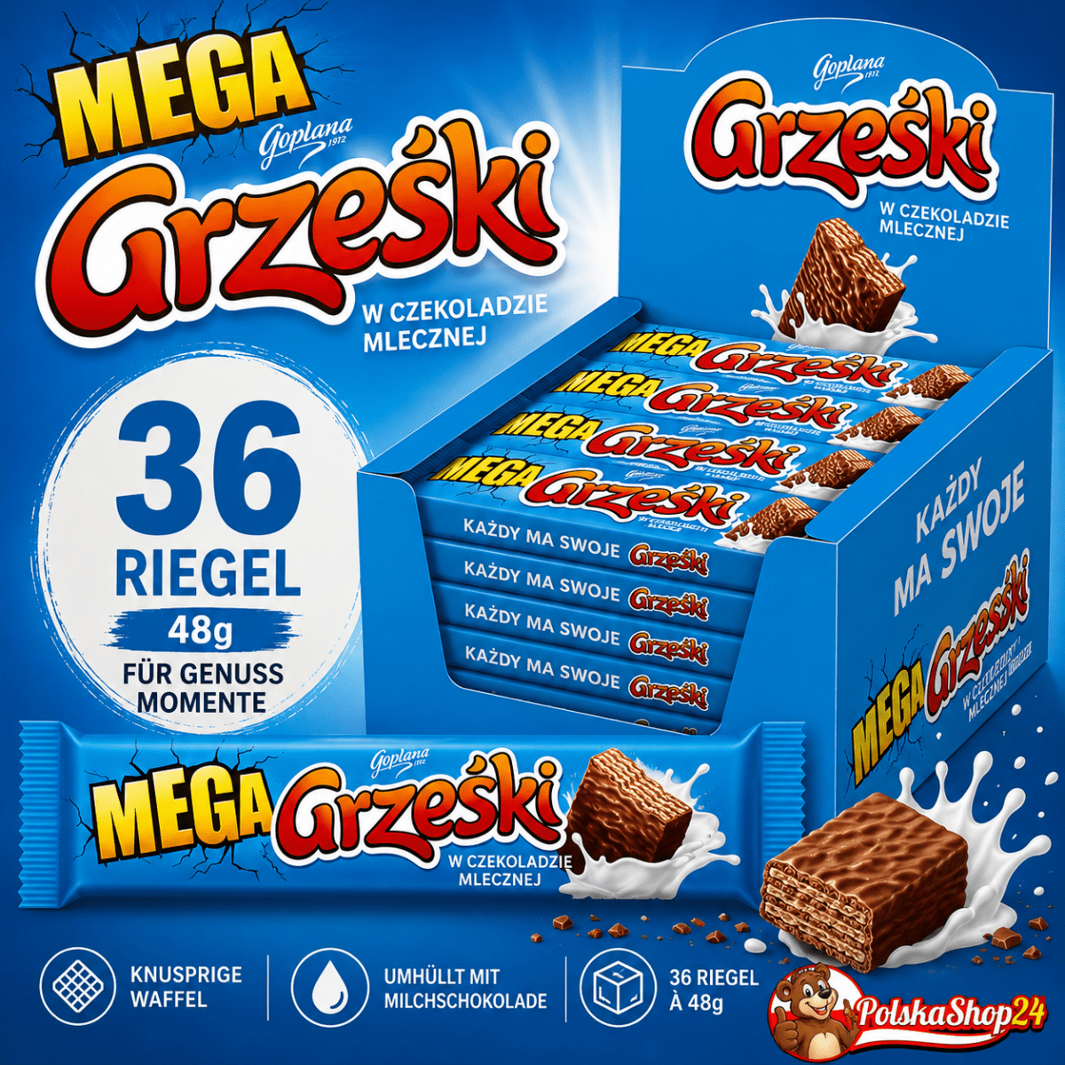 Mega Grzeski Polnischer Riegel in Milchschokolade 48g x 36 Stück - Polskashop24