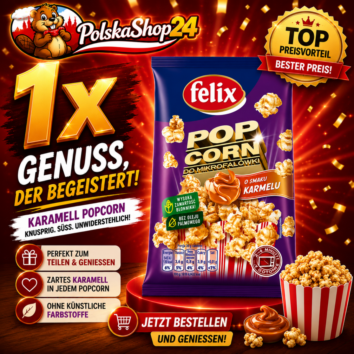 Mikrowellen Karamell Popcorn ''popcorn do mikrofalowki'' Felix 90g - Polskashop24