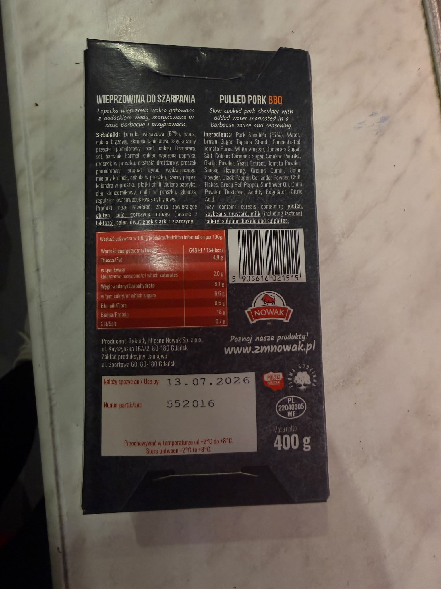 NOWAK Pulled Pork BBQ 400g Rückseite Zutaten Nährwerte