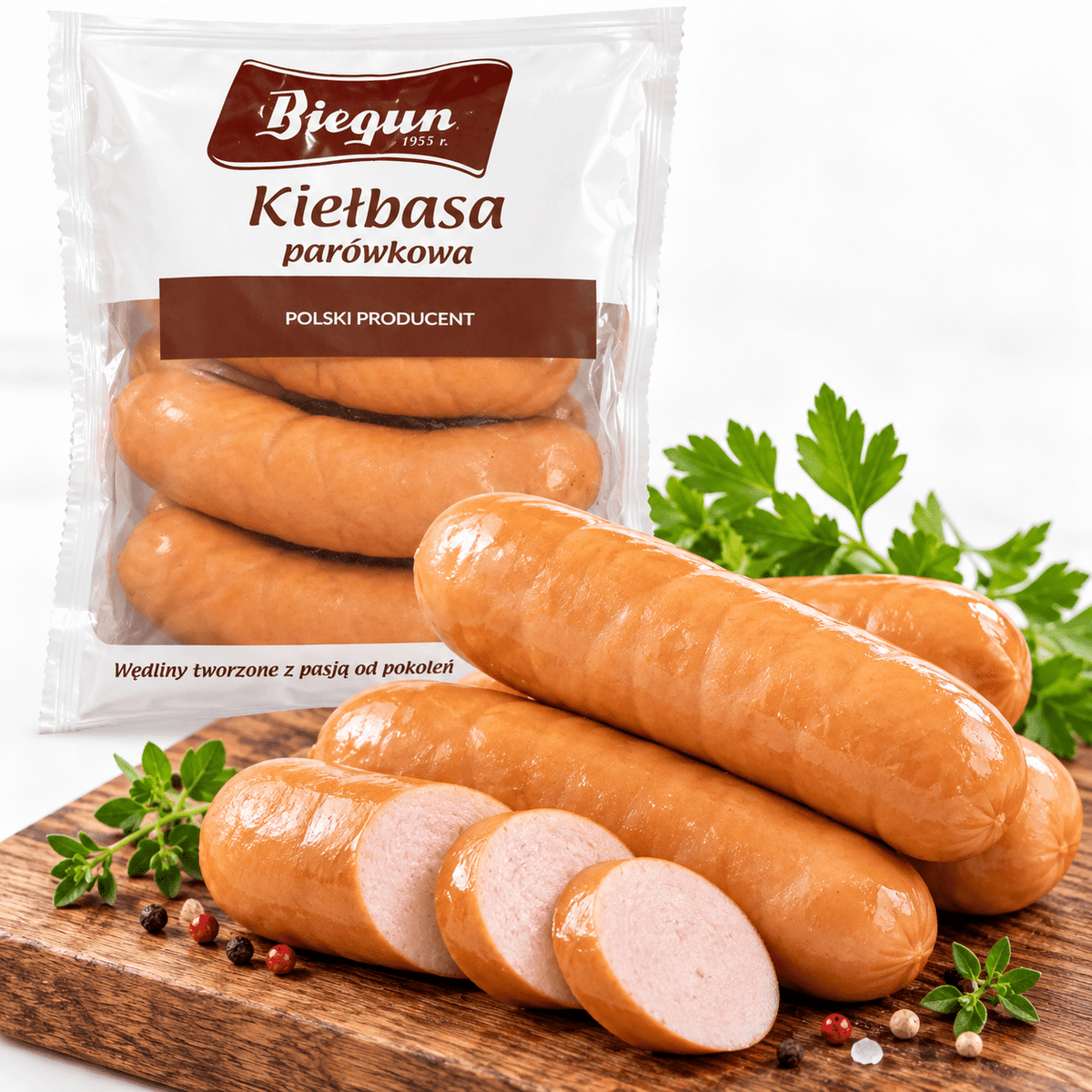Polnische Brühwurst Biegun Kiełbasa Parówkowa aus 77 % Schweinefleisch – aufgeschnittene Wurst mit Biegun Verpackung