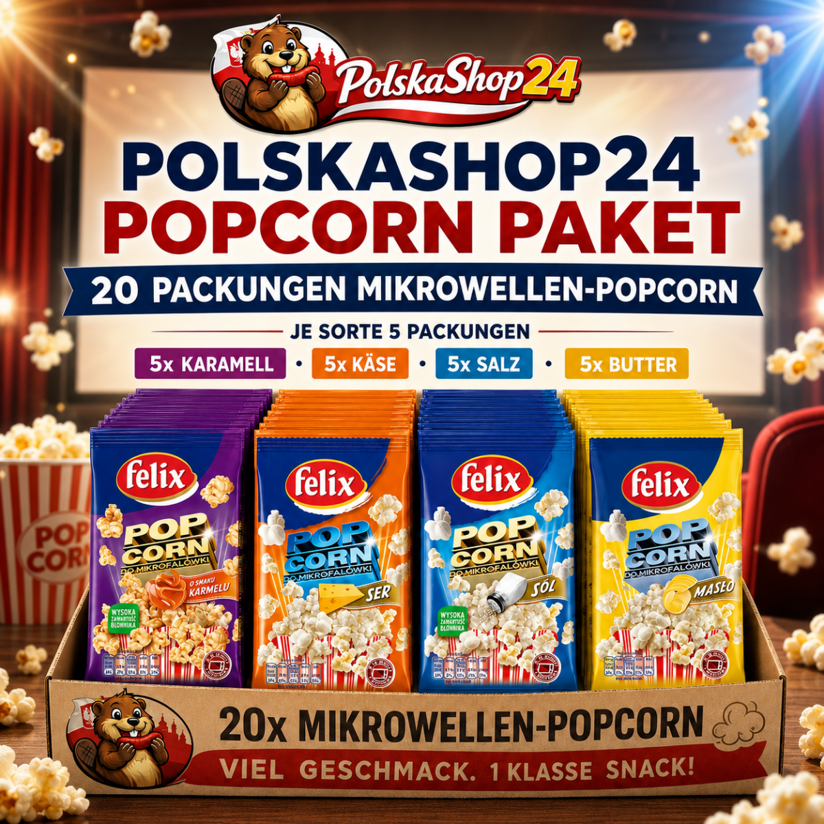 Popcorn Box 20er Set Butter - Karamell, Käse & Salz - Polskashop24