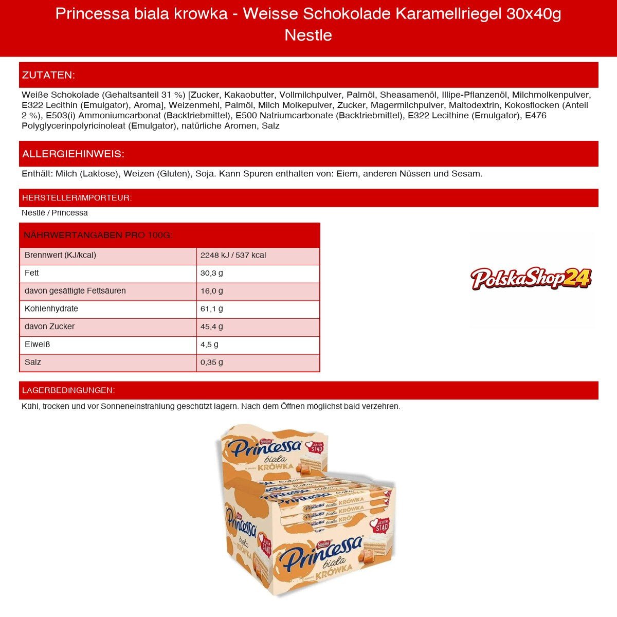 Princessa biala krowka - Weisse Schokolade Karamellriegel 30x40g Nestle - Polskashop24