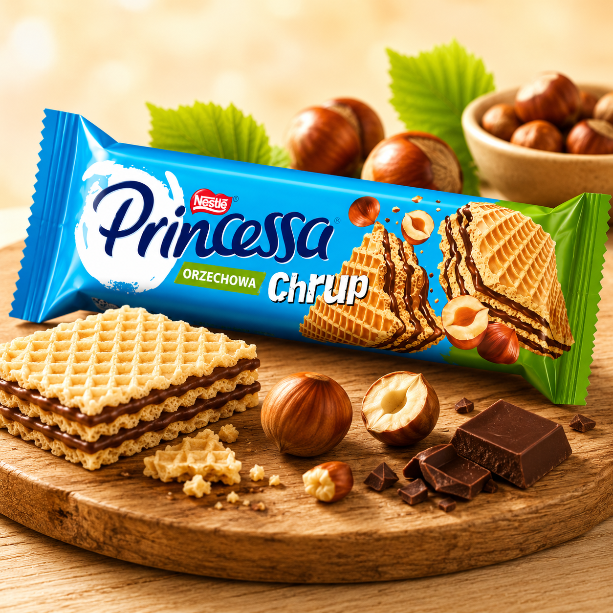 Princessa Chrup Orzechowa 30g Nuss-Waffel von Nestlé, polnischer Waffelriegel mit Haselnuss und Schokolade bei Polskashop24