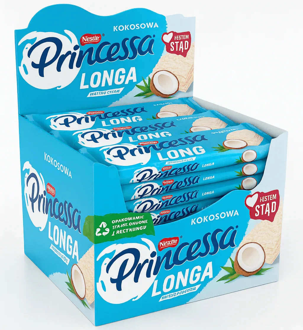Princessa Longa Kokos 30 × 40 g – Kokos - Waffelriegel mit weißer Schokolade - Polskashop24.de - Online Supermarkt mit Lebensmittel aus Polen
