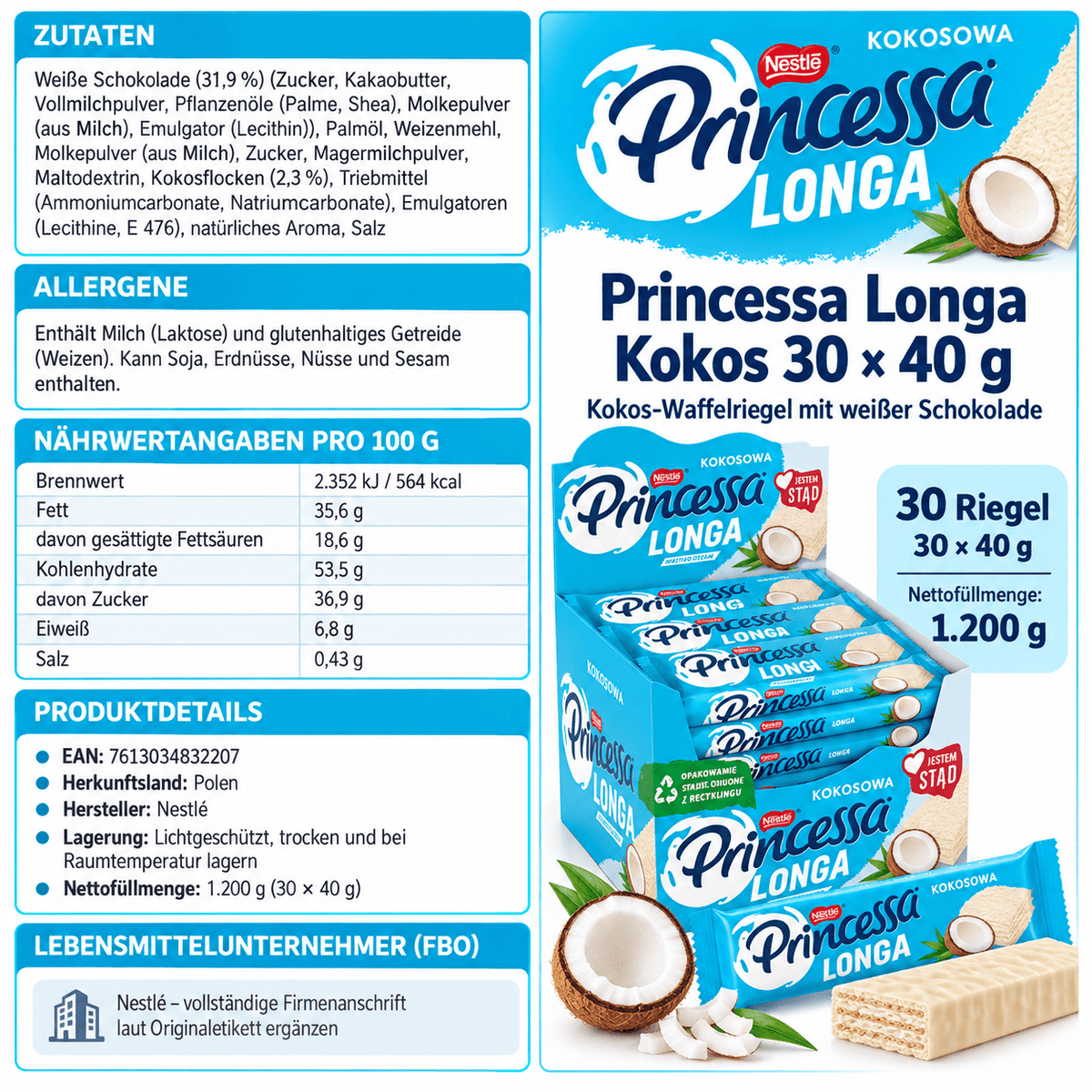 Princessa Longa Kokos 30 × 40 g – Kokos-Waffelriegel mit weißer Schokolade - Polskashop24