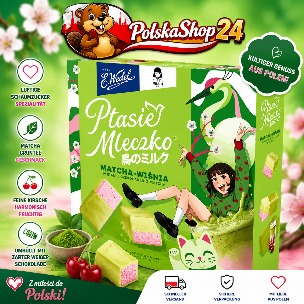 Ptasie Mleczko Matcha - Wiśnia 340g - E. Wedel - Polskashop24