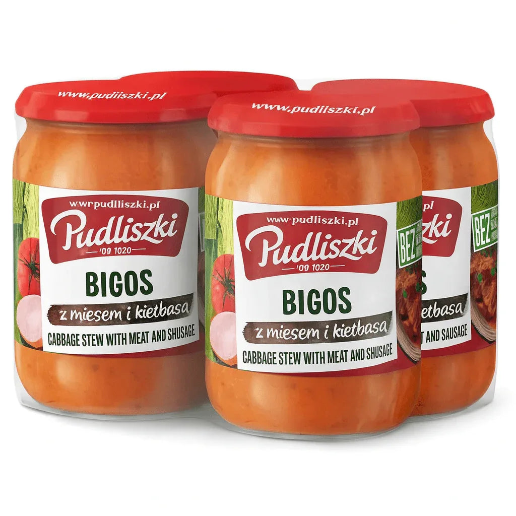 Pudliszki Bigos polnischer Sauerkrauteintopf 4er Karton kaufen - 4x500g (2000g) polnisches Fertiggericht - Polskashop24.de - Online Supermarkt mit Lebensmittel aus Polen