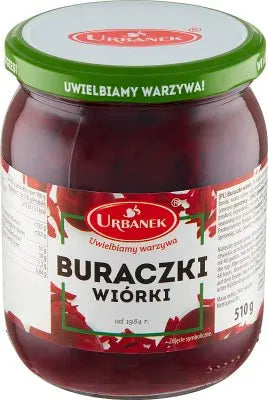 Urbanek Buraczki Wiorki - Geriebene Rote Bete Späne im Glas, 510g servierfertig mit Gewürzmischung, polnische Spezialität