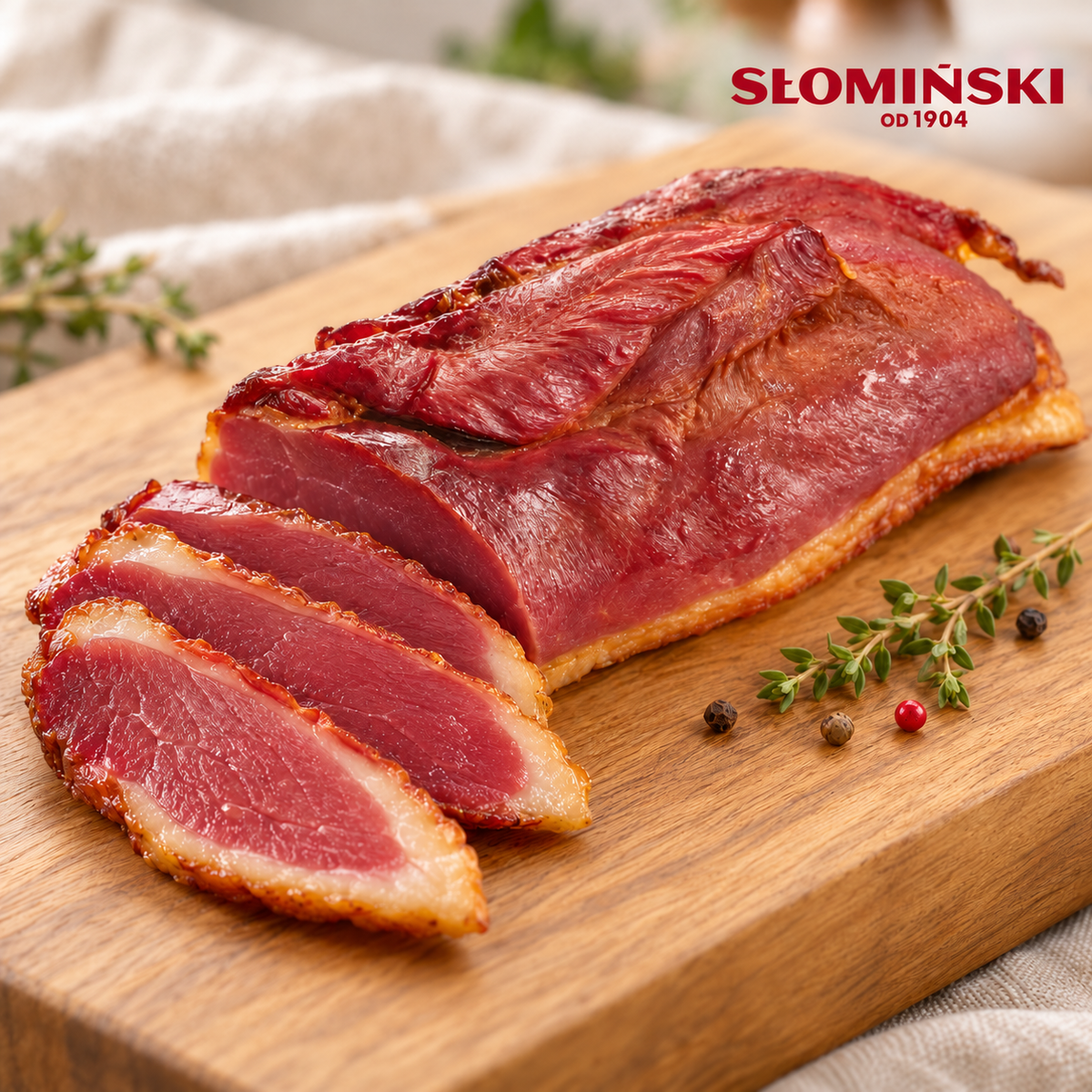 Słomiński geräuchertes Entenfilet (Filet z kaczki wędzony) am Stück und in Scheiben auf einem Holzbrett, mit Słomiński-Logo oben rechts – Serviervorschlag