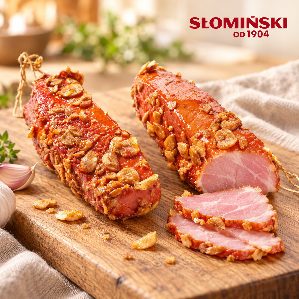 Słomiński Knoblauchschinken (Szynka z czosnkiem) mit Knoblauchauflage, am Stück und in Scheiben auf einem Holzbrett – Serviervorschlag