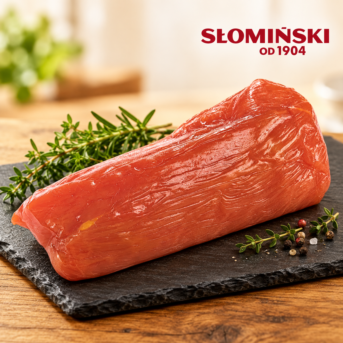 Słomiński Putenfilet roh geräuchert – Filet surowy wędzony z indyka auf einer Schieferplatte mit Kräutern und Herstellerlogo oben rechts.
