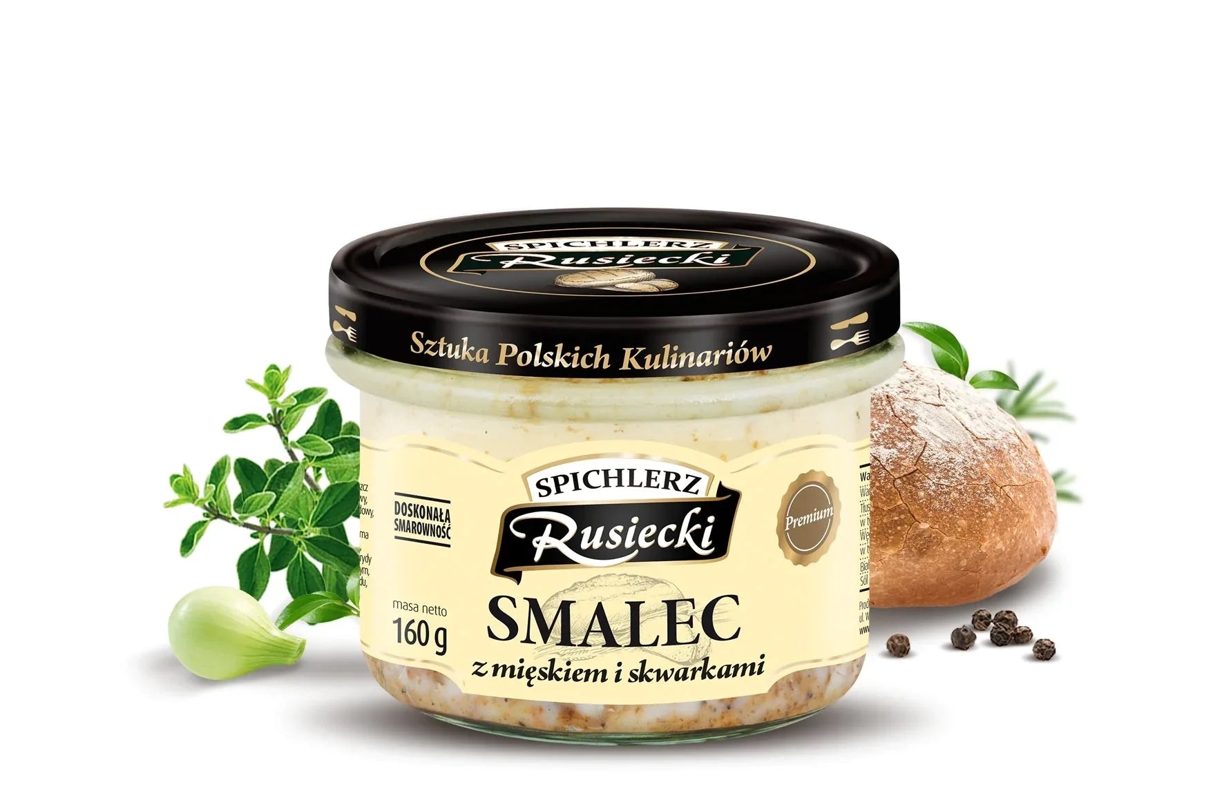 Smalec z mieskiem i skwarkami - Schmalz Schweinefleisch 160g Rusiecki - Polskashop24.de - Online Supermarkt mit Lebensmittel aus Polen