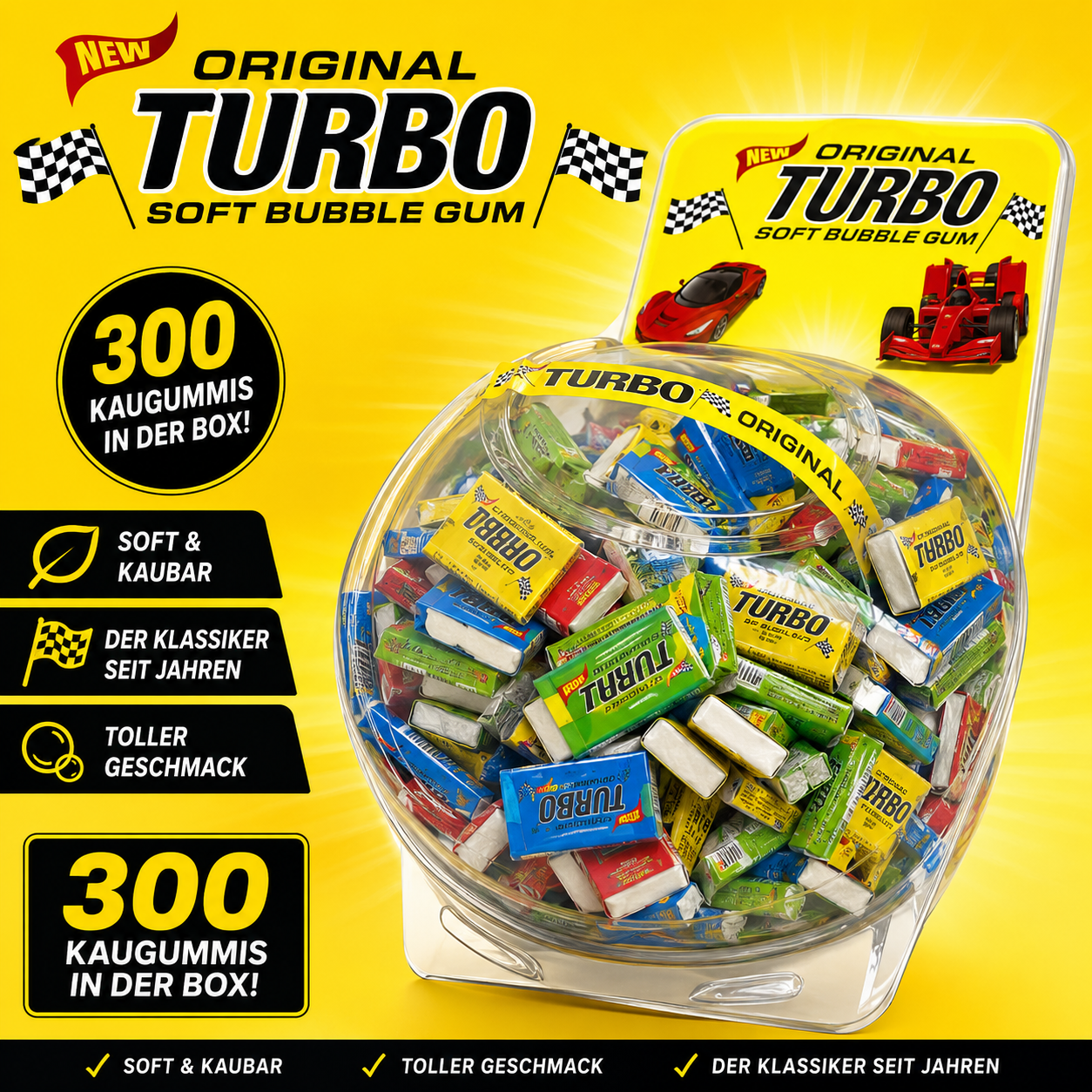 Turbo Soft Bubble Gum Box mit 300 Kaugummis, polnischer Kaugummi-Klassiker in bunter Vorratsbox