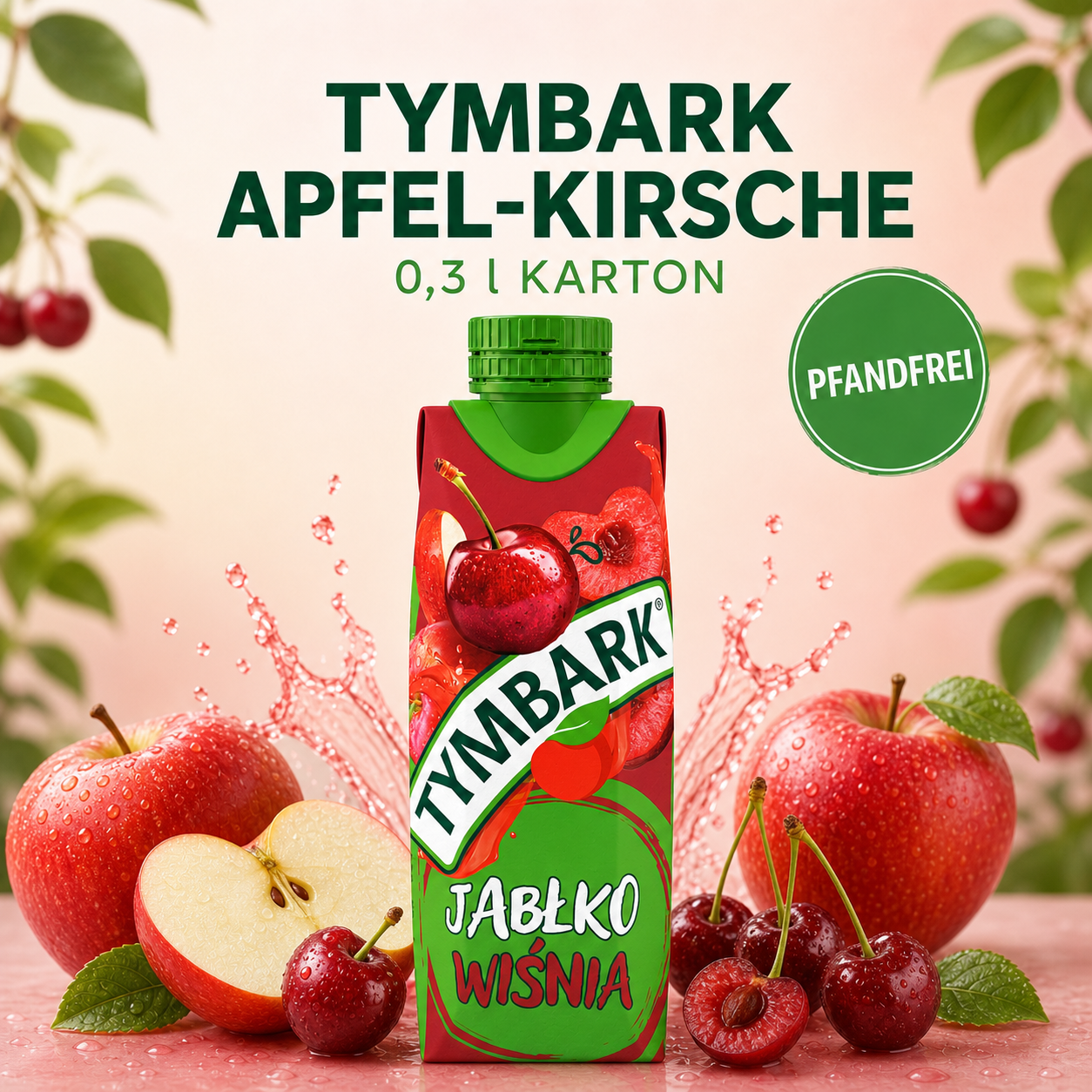 Tymbark Apfel-Kirsche im pfandfreien 0,3-l-Karton mit Äpfeln und Kirschen