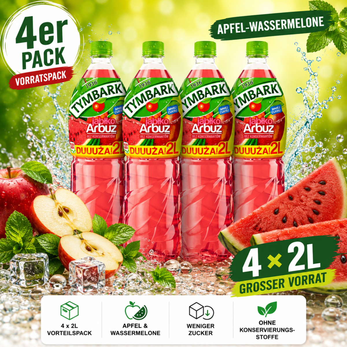 Tymbark Apfel Wassermelone 4 x 2 Liter - Polskashop24