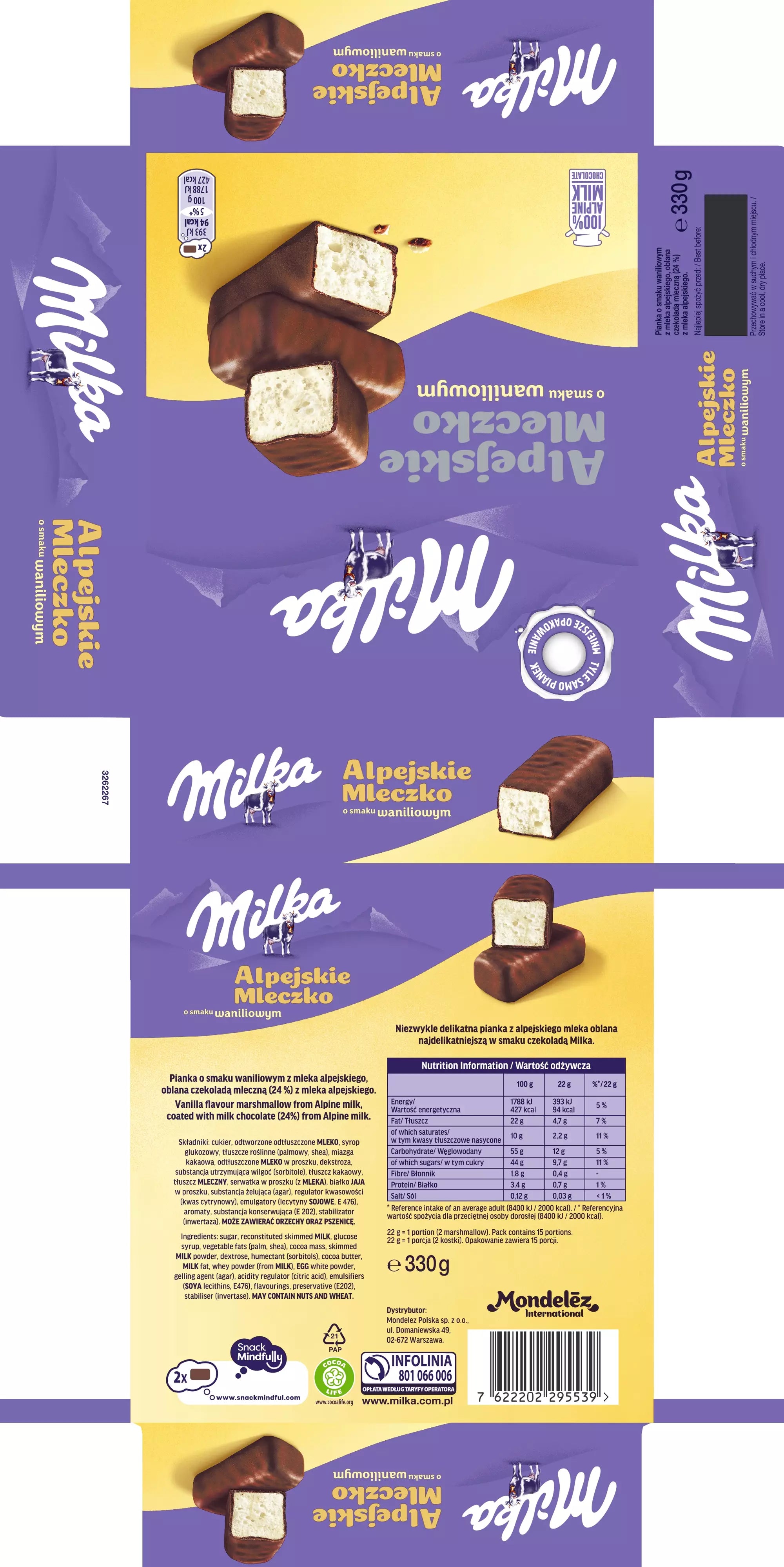 Vanille-Schaumzucker Alpejskie Mleczko Waniliowe 330g - Milka