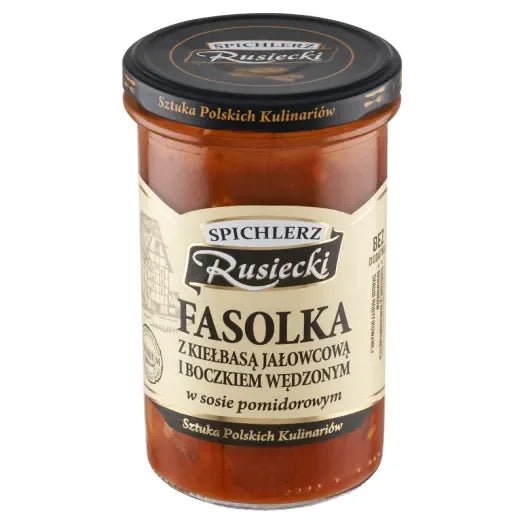 Weiße Bohnen mit Wurst und Speck - Fasolka z kiełbasą i boczkiem 470g - Spichlerz Rusiecki - Polskashop24