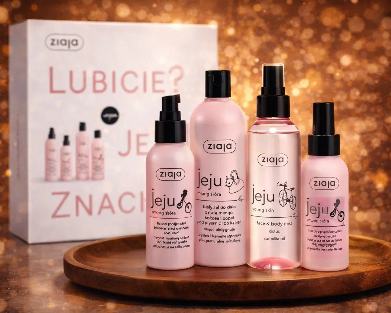 Ziaja Jeju Kosmetik Set Vegan Young Skin hochwertig arrangiert auf Holzschale