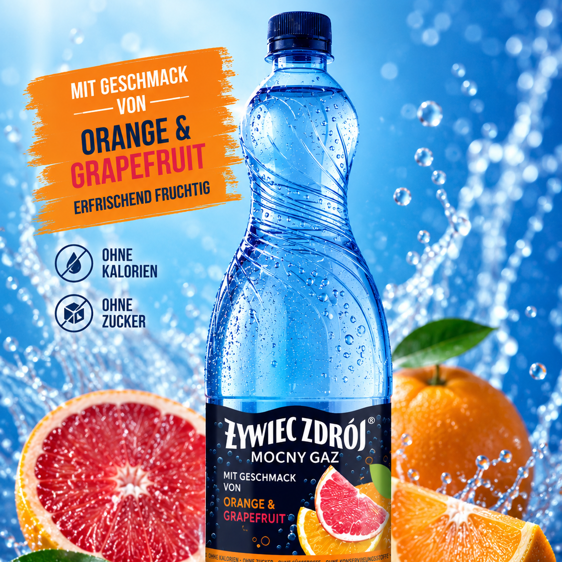 Zywiec Zdroj Wasser mit Orange Grapefruit Geschmack ohne Zucker und ohne Kalorien mit frischen Zitrusfrüchten
