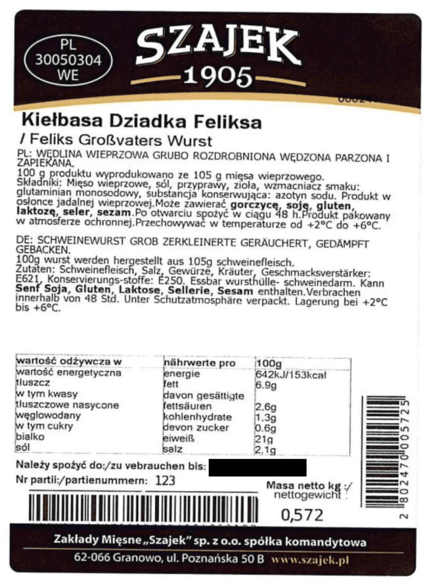 Wurst von Opa Felix ''Kielbasa Dziadka Feliksa'' Szajek ca. 1.1kg - Polskashop24