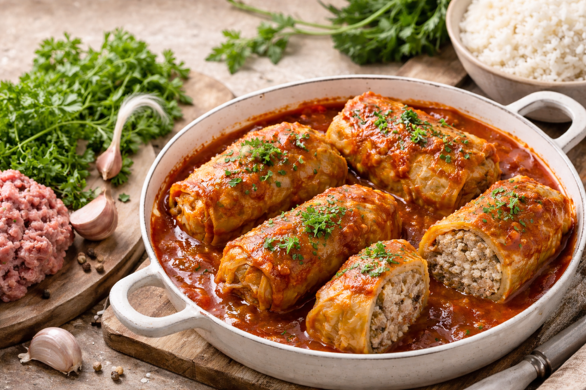 Gołąbki – traditionelle polnische Kohlrouladen mit Hackfleisch und Reis in Tomatensoße, klassisches Festgericht