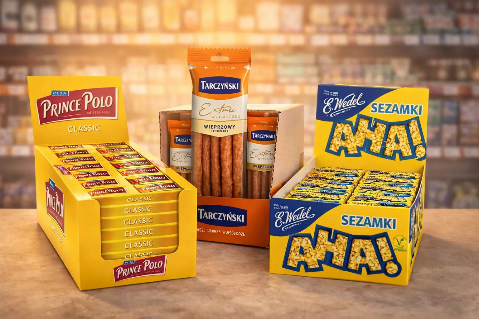 Polnische Lebensmittel Großpackungen im Vorteilskarton kaufen und sparen mit Prince Polo, Tarczyński Kabanos und Wedel Sezamki im Premium Supermarkt Design