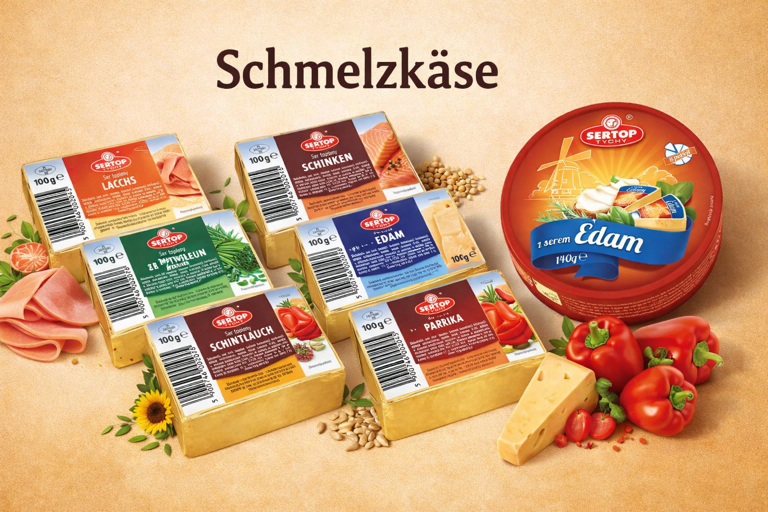 Polnische Schmelzkäse Sorten von Sertop – Gouda, Edam, Lachs, Paprika und Schinken
