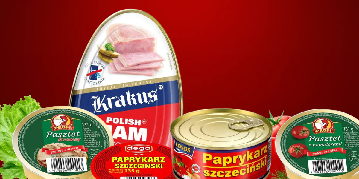 Polnische Konserven, Pasteten und Fleischkonserven - Auswahl verschiedener Dosen und Gläser