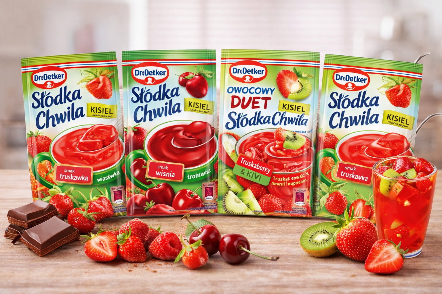 Dr. Oetker Słodka Chwila Kisiel in verschiedenen Sorten wie Erdbeere, Kirsche und Erdbeere-Kiwi – polnisches Fruchtdessert Kategoriebild für Onlineshop