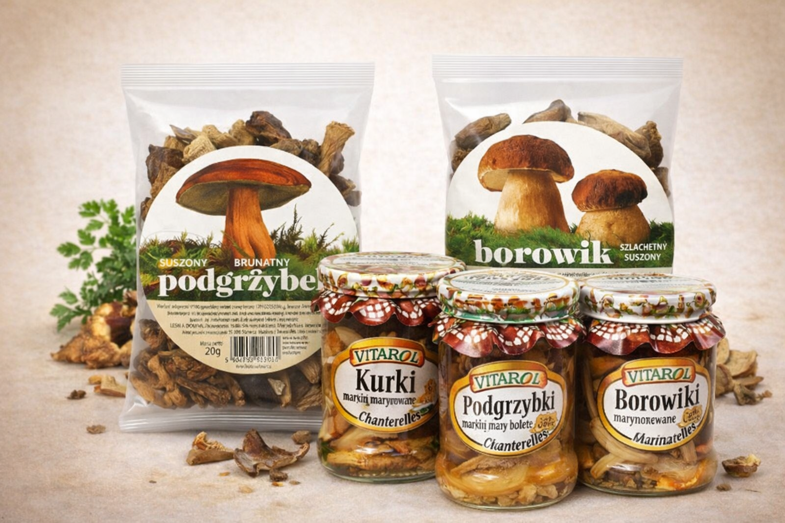 Grzyby – polnische Pilze getrocknet und mariniert, Borowiki, Podgrzybki und Kurki im Glas und Beutel bei Polskashop24
