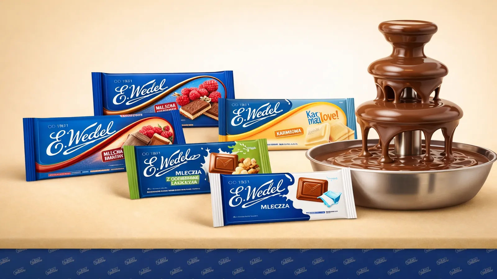 Polnische Schokolade von E.Wedel mit Schokoladenbrunnen Kategorie Bild für Onlineshop mit Milchschokolade und verschiedenen Sorten